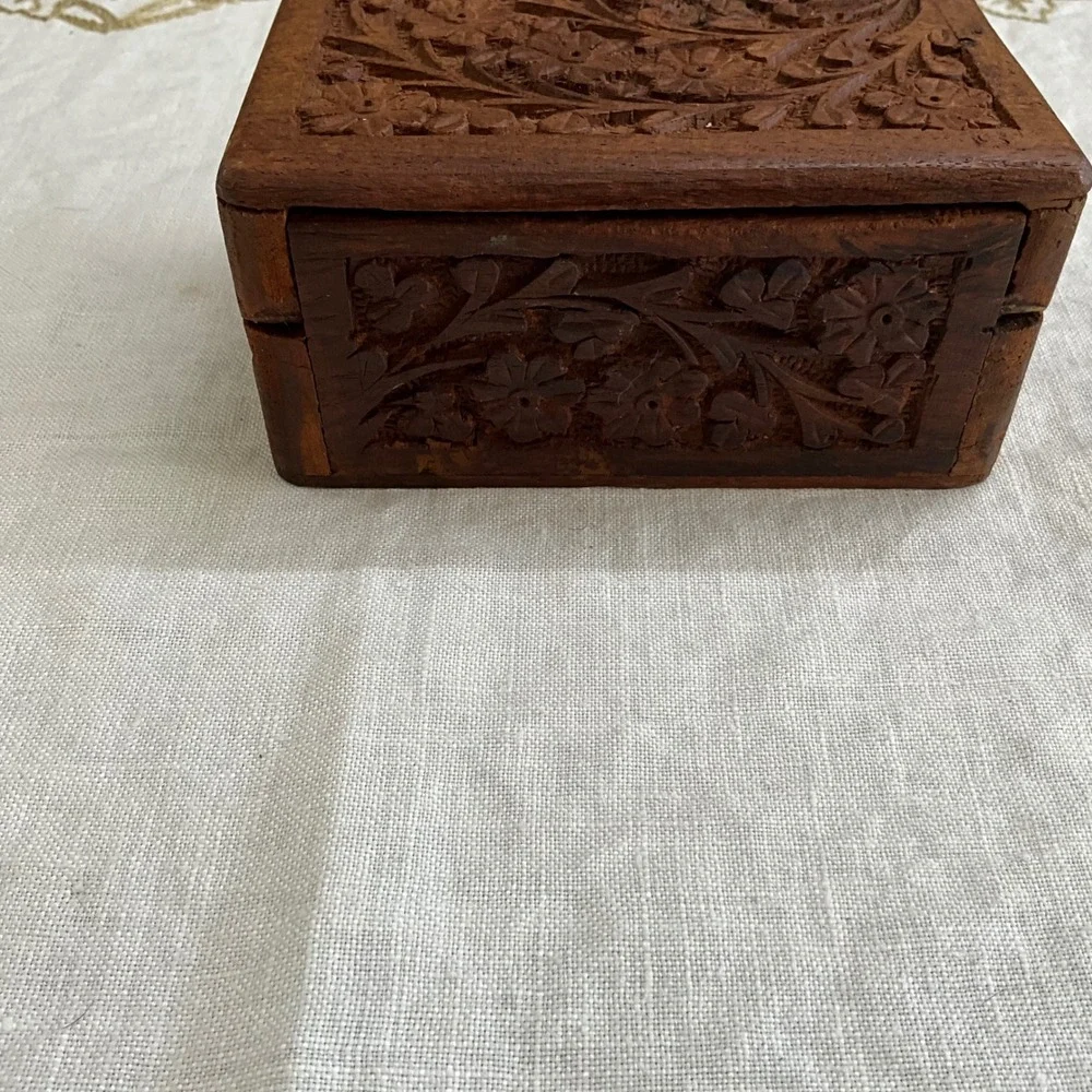 Hand Carved Wooden Jewelry Trinket Box Floral Vine Design Blue Velvet Lining